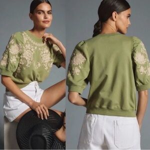 Anthropologie Olive Green Cotton Puff Sleeves Sweatshirt Embroidered